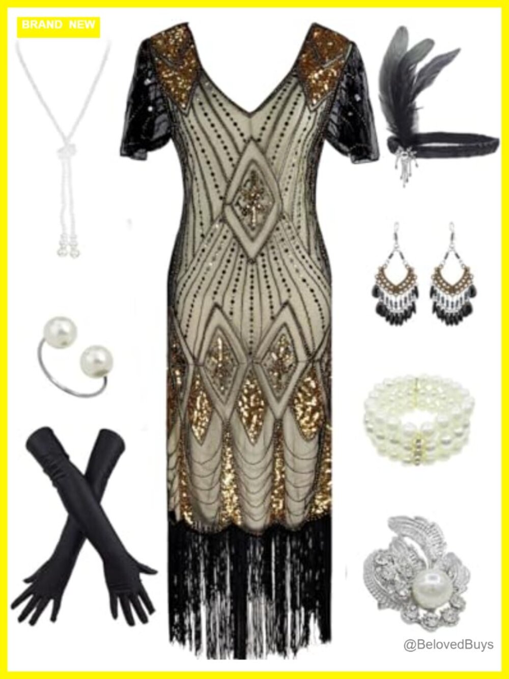 1920s Gatsby Sequin Fringe Flapper Dress Costume Set Satin X-Large